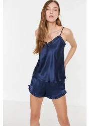  Collection Navy Blue Ruffled Rope Strap Satin Shorts Woven Pajamas Set Thmss22Pt0274