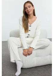  Collection White Cotton Lace and Ribbon/Bow Detail Ribbed Knitted Pajamas Set Thmaw25Pt00206