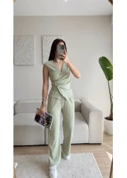 Zoom Butik Buckled Double-Breasted pants set - green