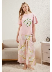  Collection طقم بيجامة محبوكة بالزهور من القطن بنسبة 100% باللون الوردي THMSS25PT00061