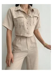butik derin Cotas Linen Shirt Jacket Trousers Women's Set Stone