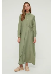 Modest Green Side Tie Button Woven Shirt Linen Look Dress Tctss22Eb0025