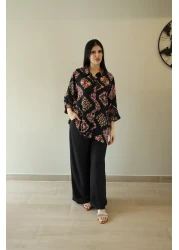 LINELLE Ladies Co-ord Pant Set- Black Shirt with Damask Floral Pattern and Matching Solid Black Pant