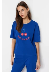  Collection Cherry Printed 100% Cotton Navy Blue Pajama Set - T-Shirt and Pants Thmss23Pt00134