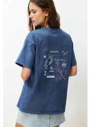  Collection Indigo 100% Cotton Faded Effect Back Printed Boyfriend Crew Neck Knitted T-Shirt TWOSS23TS00109
