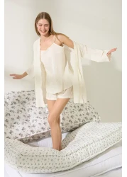  Collection Ecru 3-Piece 100% Cotton Woven Pajamas Set with Ruffles and Stripe Accessories Shorts Thmss25Pt00054