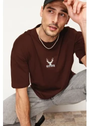  Collection Oversize Dark Brown Deer Embroidered Cotton T-Shirt - TMNSS24TS00055
