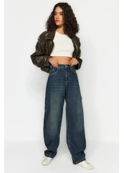  Collection High Waist Dark Blue Carpenter Skater Jeans - Loose Fit with Wash Effect Twoaw24Je00308