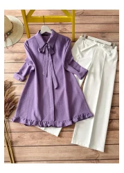 Kirazgym Women's Purple Ribbon Ruffle Detailed Tunic & White High Waist Trousers Set – Hijab Double Combination
