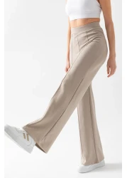 CNRCollection Women's Stone Color Gathering Wide Fit Leg Modal Fabric Leggings Trousers