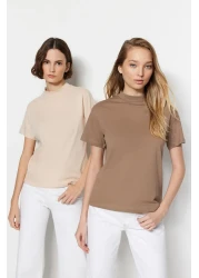  Collection Beige-Mink 2 Pack 100% Cotton Basic High Collar Knitted T-Shirt TWOSS20TS1500