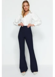  Collection بنطلون قماش منسوج بأرجل واسعة باللون الأزرق الداكن TOFAW19BB0581