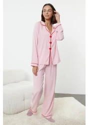  Collection Pink Heart Embroidered Bias Tape Viscose Woven Pajama Set Thmaw25Pt00179