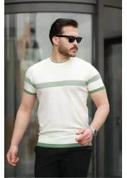 Miron Ecru Crew Neck Striped Knitwear T-Shirt - 2418