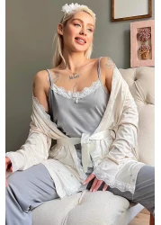 Pijamaevi مجموعة بيجامة نسائية من الخيزران منقوشة بنجمة رمادية اللون