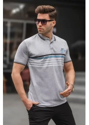 Madmext Gray Striped Polo Neck T-Shirt 5869