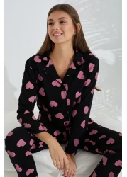 Siyah İnci black and pink heart patterned cotton button-down pajama set