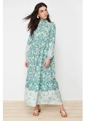  Modest Blue Ethnic Patterned Prevailing Collar Linen Look Woven Shirt Dress TCTSS23EB00286