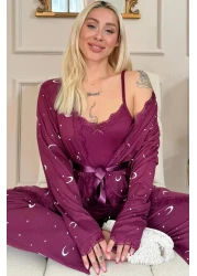 Pijamaevi Plum Moon Star Patterned Bamboo Dressing Gown Women's Pajamas Set