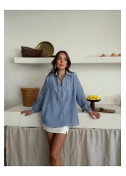 Osyday Women's Oversize Striped Blue Shirt