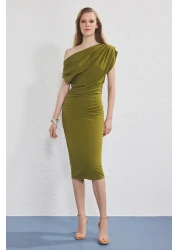  Collection Oil Green Midi Knitted Dress with Draped Detail