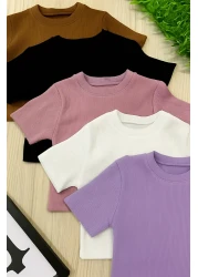 ÖZ PAMUK Women's 5-Piece Ribbed Crew Neck Camisole Crop T-Shirt