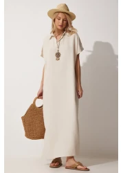 Happiness İstanbul Women's Cream Necklace Long Summer Linen Dress ZH00015