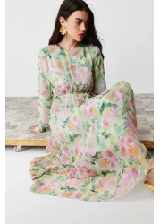  Modest Light Green Floral Sash Detailed Lined Pleated Chiffon Woven Dress TCTSS24EB00151