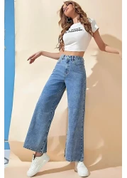 Trn JNS All Blue Loose Lycra Women's Sweet Blue Super High Waist Loose Leg Denim Jeans Palazzo Trousers