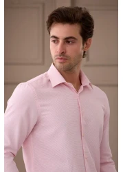 RAVANELLI Men's Pink Long Sleeve Slim Fit Slim Fit Classic Collar Patterned Cotton Shirt