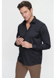 Morven Men's Black Slim Fit Slim Fit Solid Hard Neck Long Sleeve Shirt