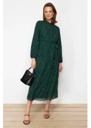  Modest Dark Green Patterned Belt Detailed Lined Chiffon Woven Dress TCTSS21EL3346