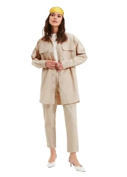  Modest Beige Shirt and Trousers Set - Pocket Detail, Snap Closure TCTAW22US0013