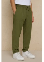 Royalside بنطال رجالي من الكتان الكاكي فضفاض برباط