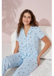 Siyah İnci Blue Striped and Floral Patterned Knitted Pajamas Set