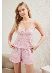  Collection Pink Cotton Shorts Sleepwear Set with Heart Lace - Thmss24Pt00106