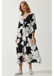 Happiness İstanbul Women's Black and White Wraped Collar Patterned Summer Viscose Dress DK00166