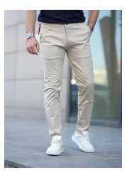 BASEL.CO بنطال تشينو كتان صيفي رفيع بقصة ضيقة