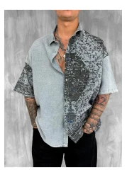 ablukaonline Men's Short Sleeve Patterned Oversize Shirt Gray