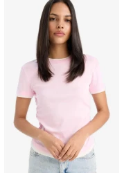 Defacto Slim Fit Slim Fit Crew Neck Basic Plain Ribbed Short Sleeve Pink T-Shirt F3504Ax25Sm