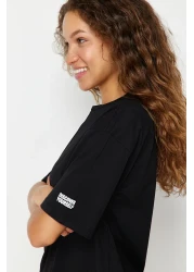  Collection Black 100% Cotton Slogan Printed Oversize/Wide Fit Crew Neck Knitted T-Shirt TWOSS23TS00183