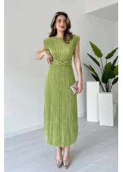 MODAMİNEM Women's Pistachio Green Pleated Lacing Detail Dress