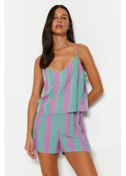  Collection Multicolor Striped Rope Strap Woven Pajama Set with Viscose Shorts Thmss23Pt00225