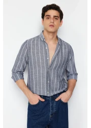  Collection Navy Blue Striped Slim Fit Shirt - Button Collar TMNSS22GO0028