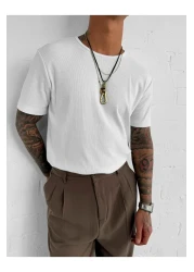 ablukaonline Men's Slim Fit Ribbed Basic Stretch T-Shirt White