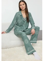  Collection طقم بيجامة منسوجة من الفسكوز بنمط الشمس الخضراء THMAW25PT00034