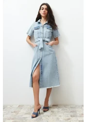  Collection Blue Hemline Tassel Belt Maxi Denim Dress Twoss24El00377