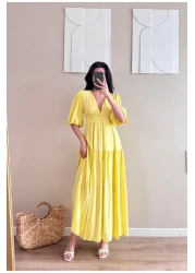 LOCH BUTİK فستان طويل أصفر بأكمام قصيرة ورقبة على شكل حرف V للنساء