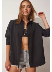 Happiness İstanbul Women's Black Oversize Basic Poplin Shirt BH00420