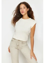  Collection Beige 100% Cotton Wadding Look Basic Crew Neck Knitted T-Shirt TWOSS20TS0021